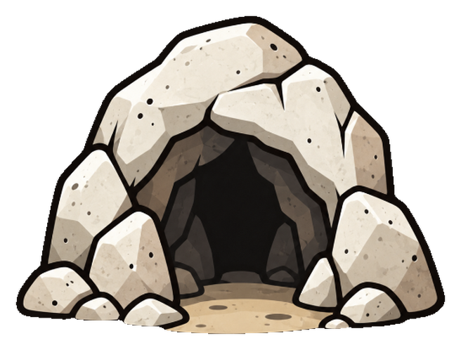 A cartoon cave of pale boulders with a dark opening and a sandy floor